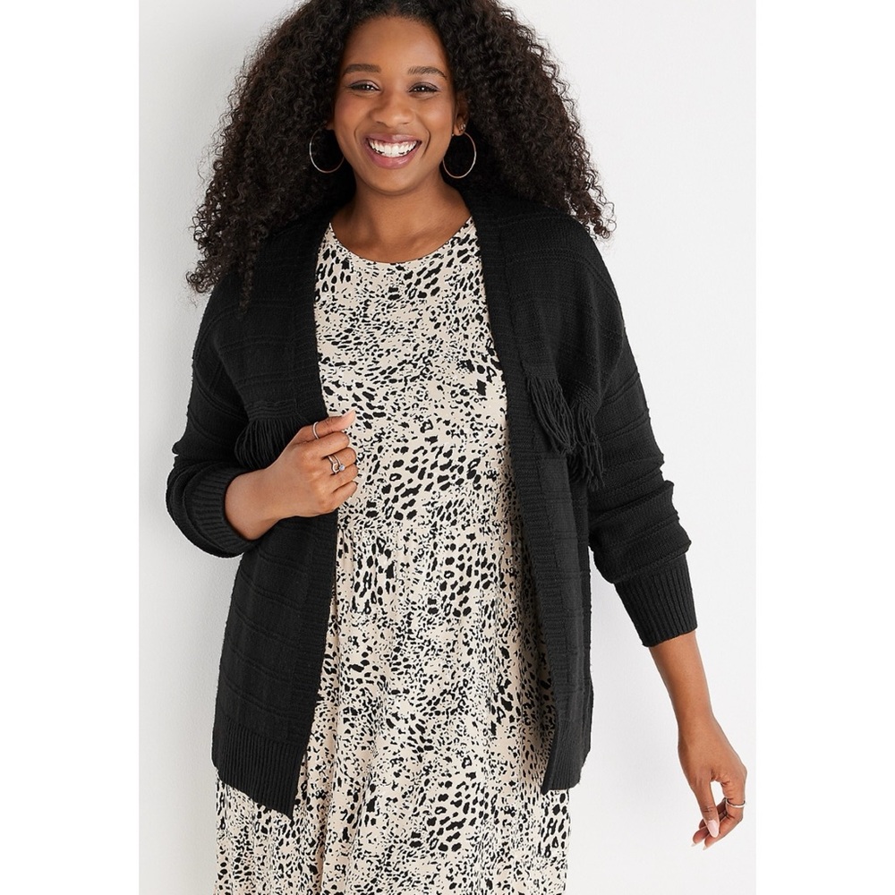 MAURICES Cardigan Solid Fringe Black Sweater 2X Plus Boho Western